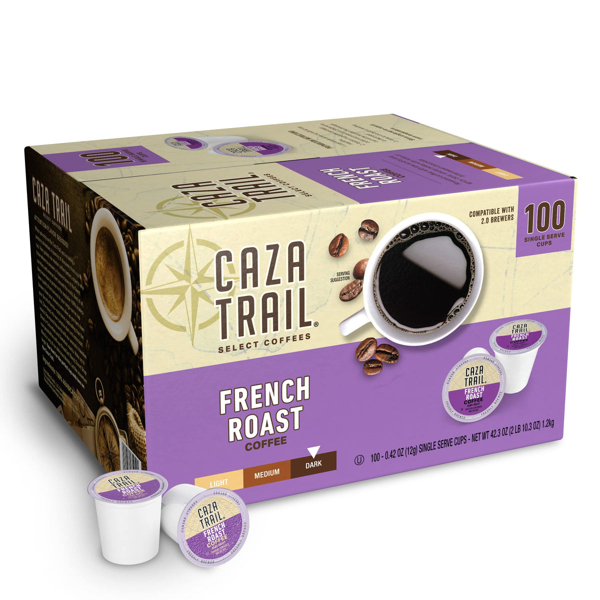Caza Trail French Roast pods deliver bold aroma for busy mornings.