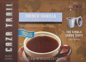 Caza Trail French vanilla packaging with single-serve pods for quick brew.