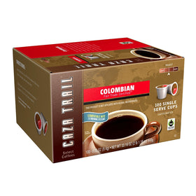 Caza Trail coffee pods pack 100 with Colombian aroma for quick, flavorful mornings