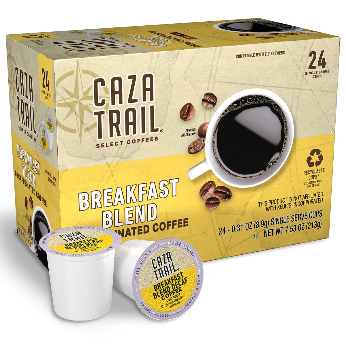 Caza Trail decaf breakfast pod showing balanced, gentle morning flavor.