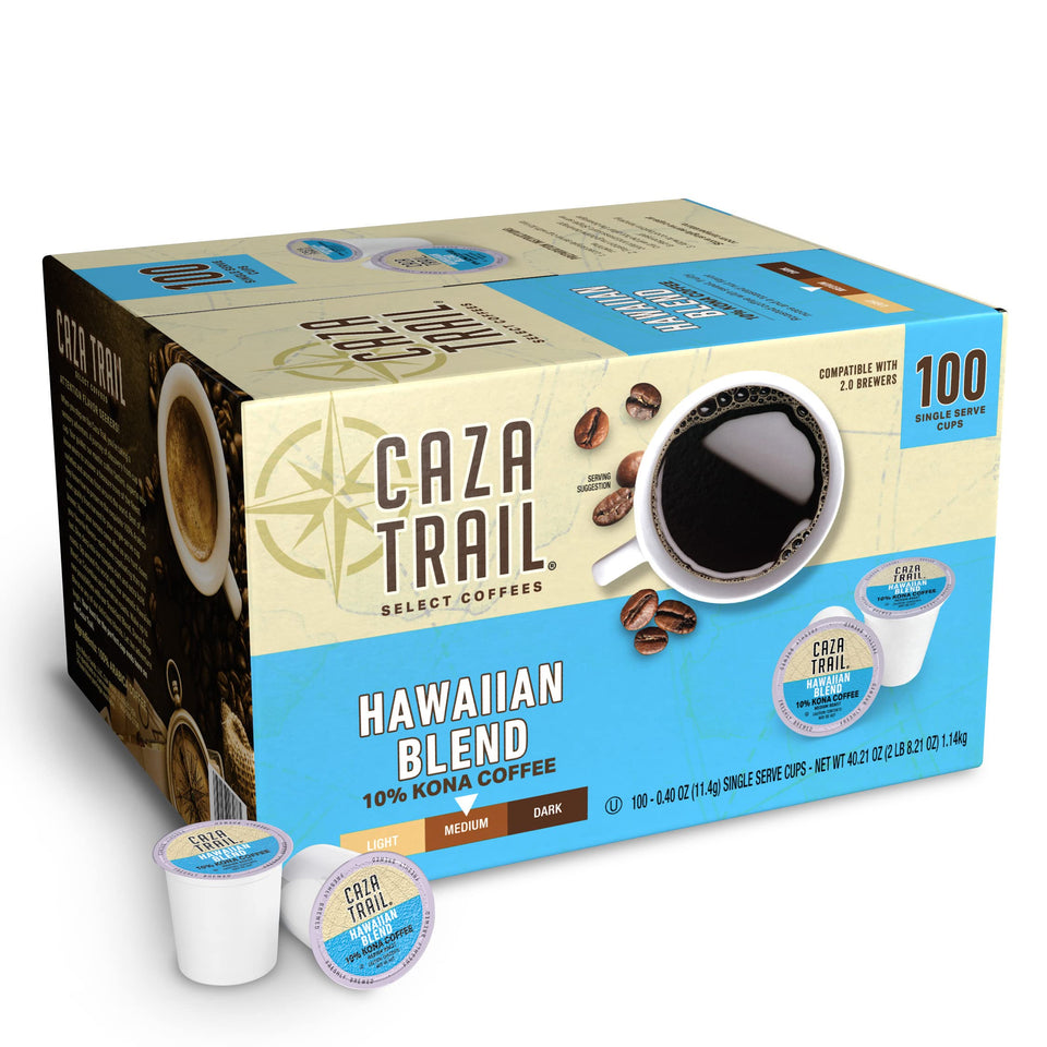 Caza Trail Kona Blend coffee cups with rich aroma and smooth finish
