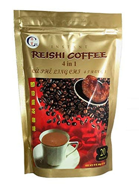 CB Instant Reishi Coffee bag shows 4-in-1 blend for convenient daily energy