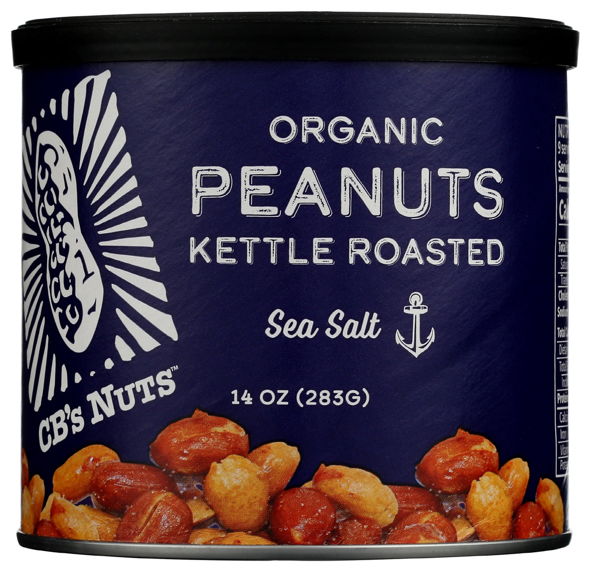 CB's Nuts Organic Kettle Roasted Sea Salt Peanuts packaging front, ready-to-eat snack.