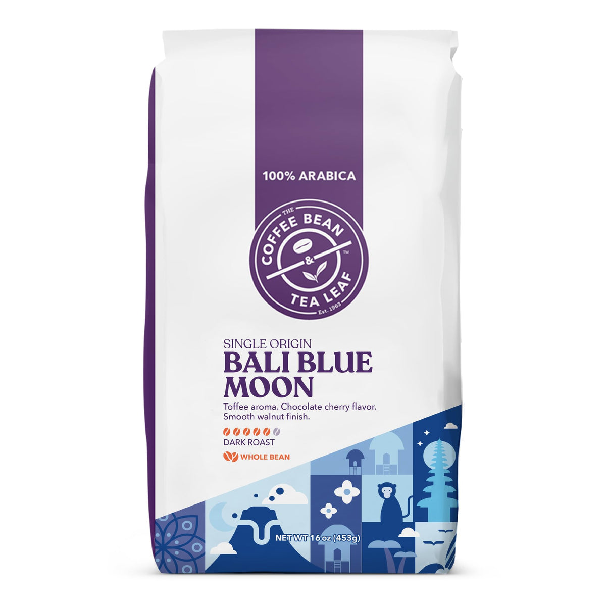 The Coffee Bean & Tea Leaf Bali Blue Moon beans in a 1lb bag for fresh, aromatic mornings.