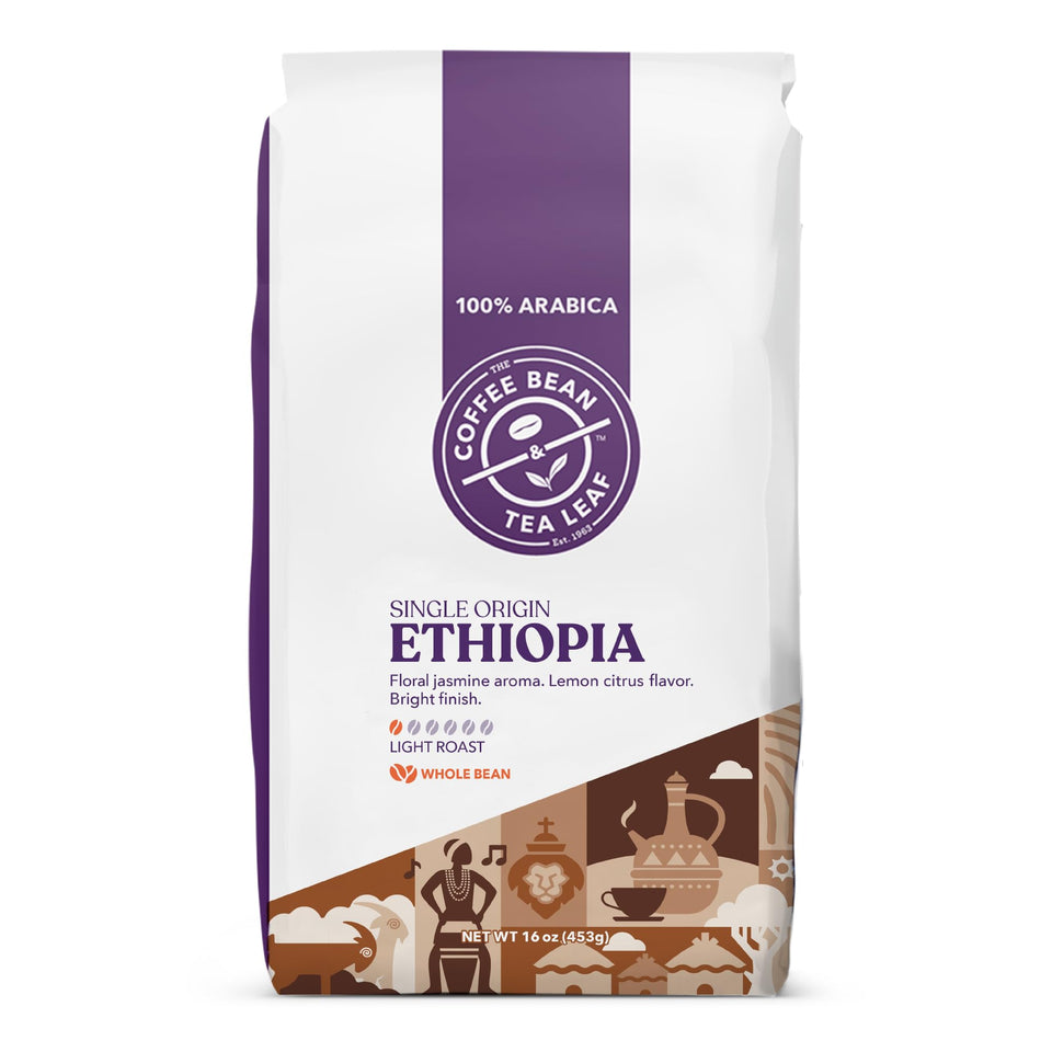 The Coffee Bean & Tea Leaf Ethiopian Yirgacheffe light roast bag; ideal for home brewing.