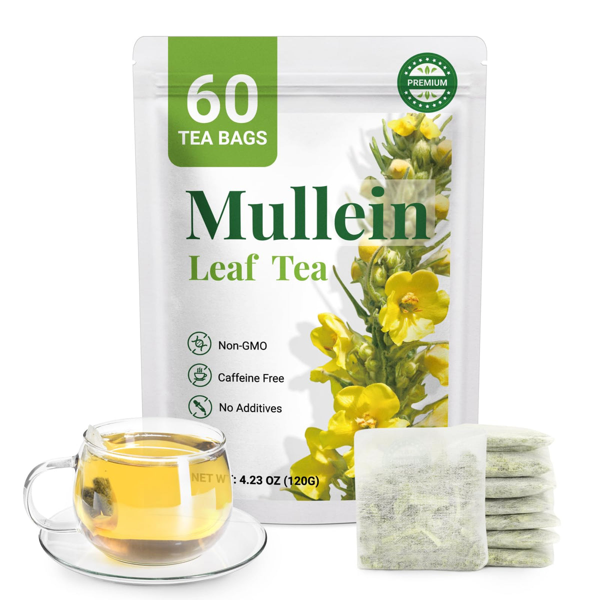 CCnature Mullein Tea Bags 60-count for a caffeine-free, soothing brew.