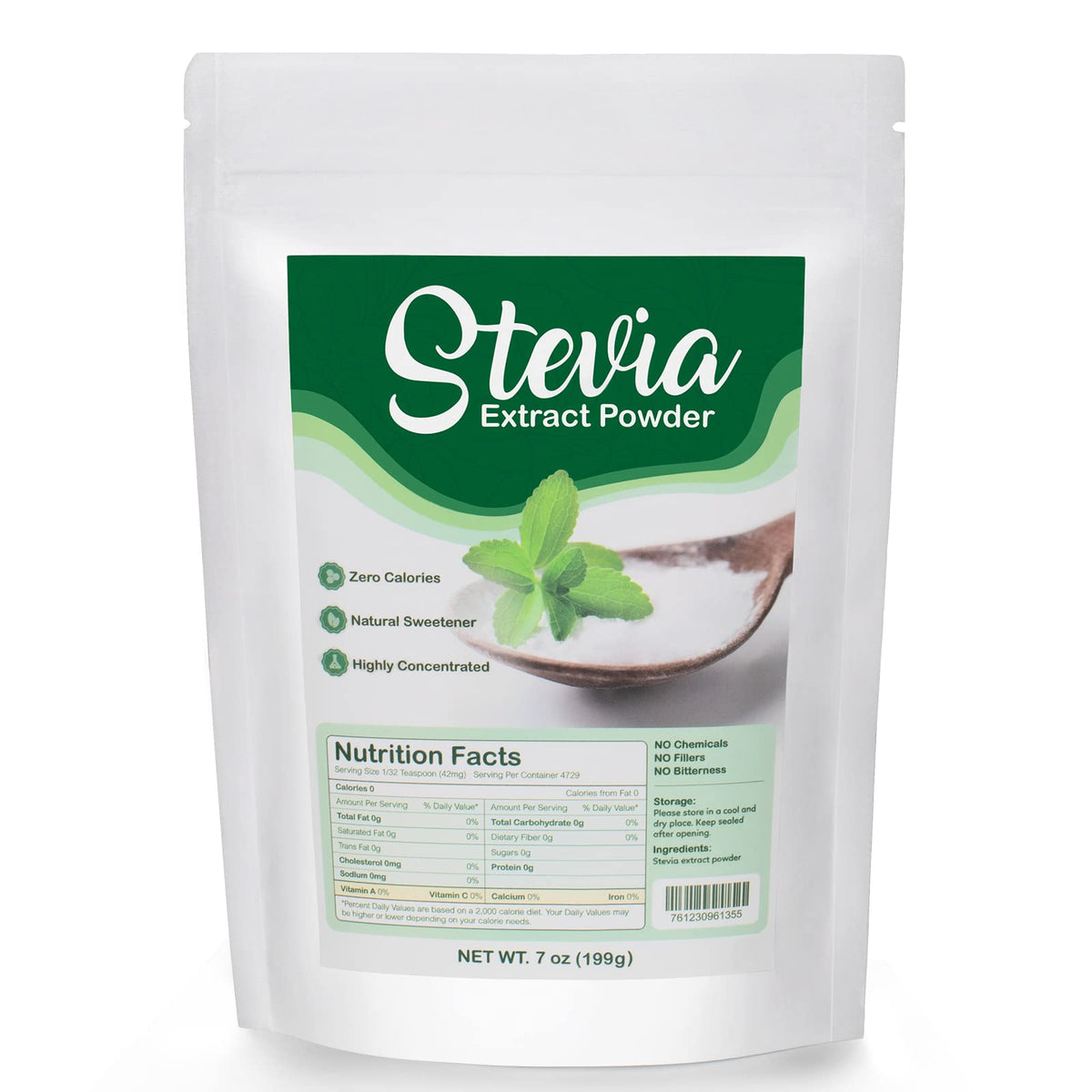CCnutri Stevia Powder 7oz packaging shows pure, zero-calorie sweetness.