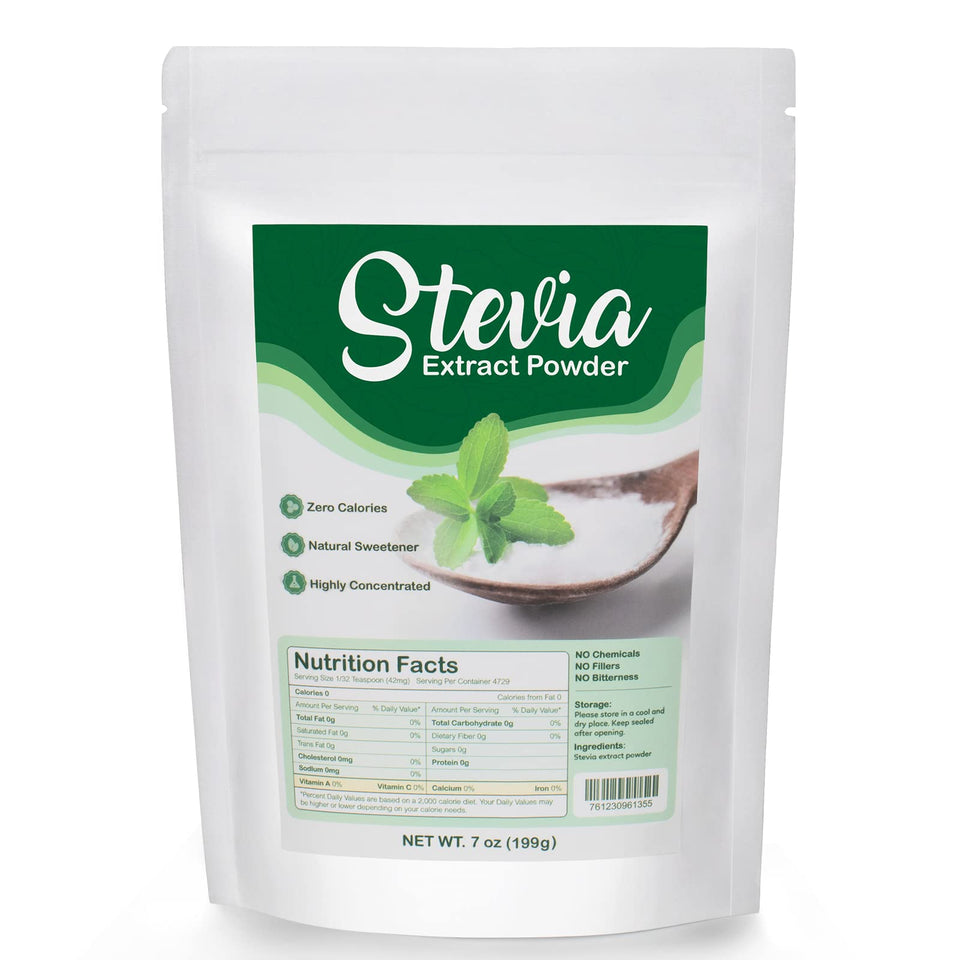 CCnutri Stevia Powder 7oz packaging shows pure, zero-calorie sweetness.