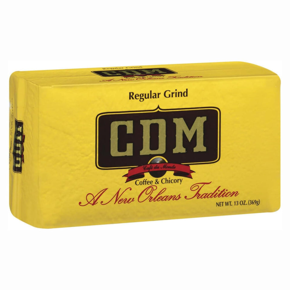 CDM ground coffee with chicory regular grind pack image highlights bold base for café au lait.