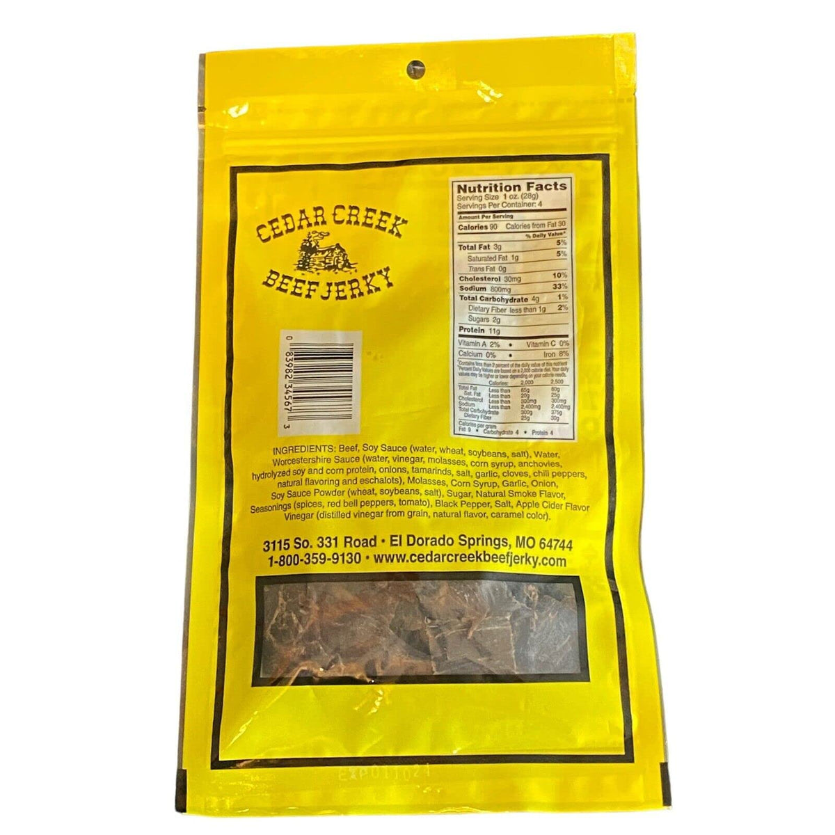 Cedar Creek Beef Jerky close-up shows grain-finished beef with bold flavor.