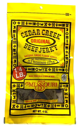 Cedar Creek Beef Jerky thin-sliced pack, high-protein snack for active lifestyles.
