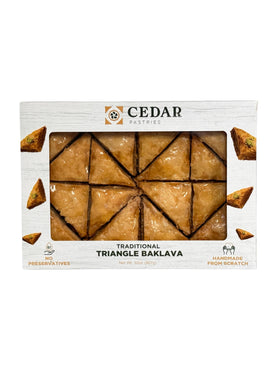 Cedar Pastries triangle baklava with cashews, ideal for gifting.