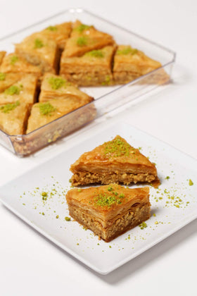 Cedar Pastries triangle baklava with walnuts, artisanal texture and aroma.