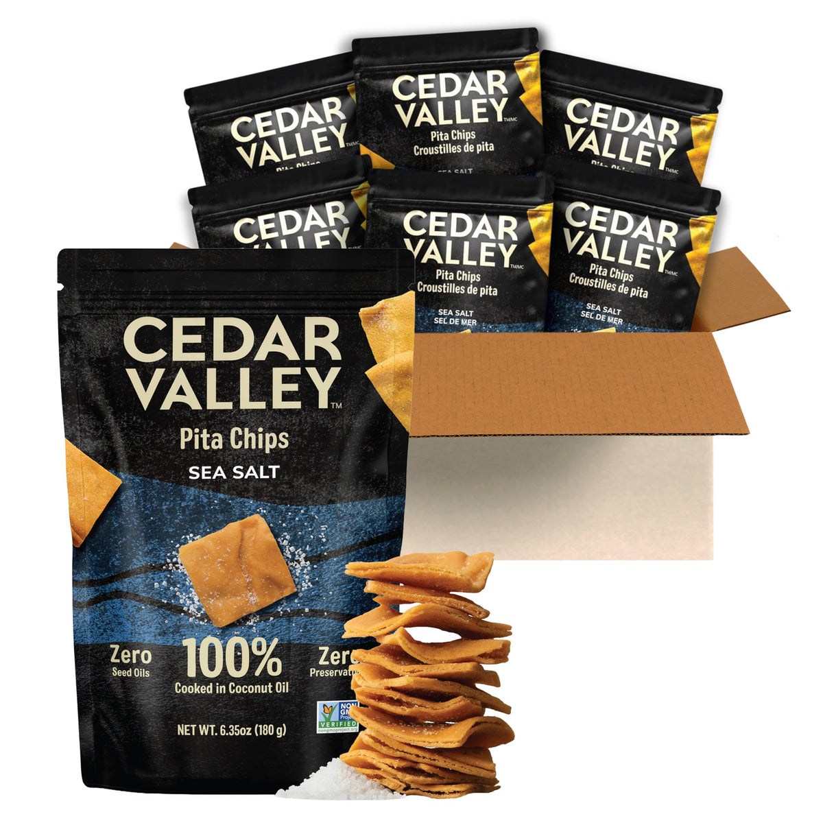 Cedar Valley Pita Chips Sea Salt pack shot highlighting six-pack convenience and crisp texture.