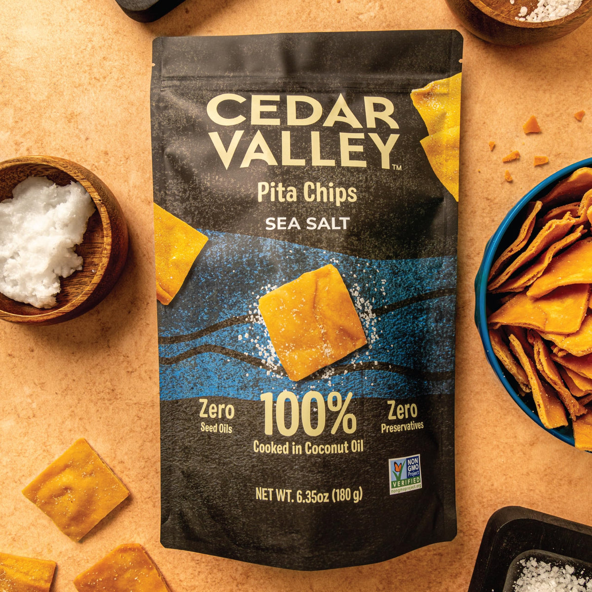 Cedar Valley Pita Chips Sea Salt two-layer crunch close-up demonstrates airy texture.