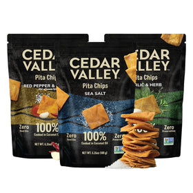 Cedar Valley Pita Chips Variety Pack hero with crisp, golden chips ideal for sharing