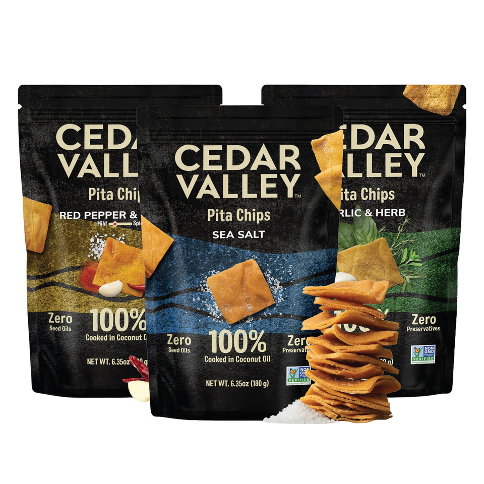Cedar Valley Pita Chips Variety Pack hero with crisp, golden chips ideal for sharing