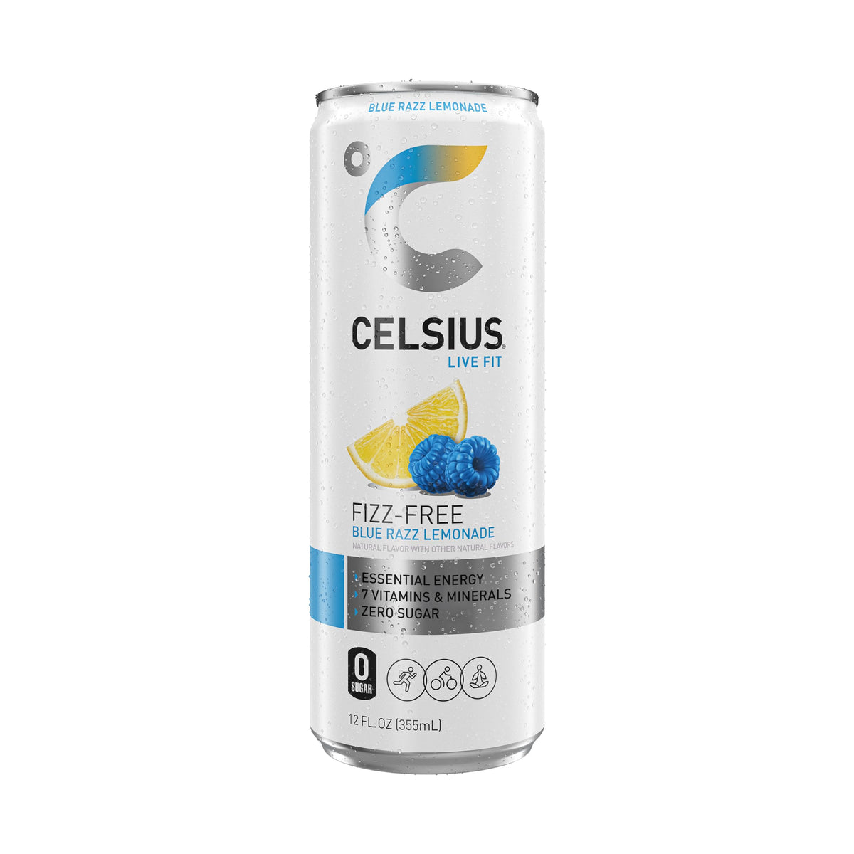 CELSIUS Blue Raspberry Lemonade glass with ice and citrus zing