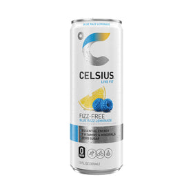 CELSIUS Blue Raspberry Lemonade glass with ice and citrus zing