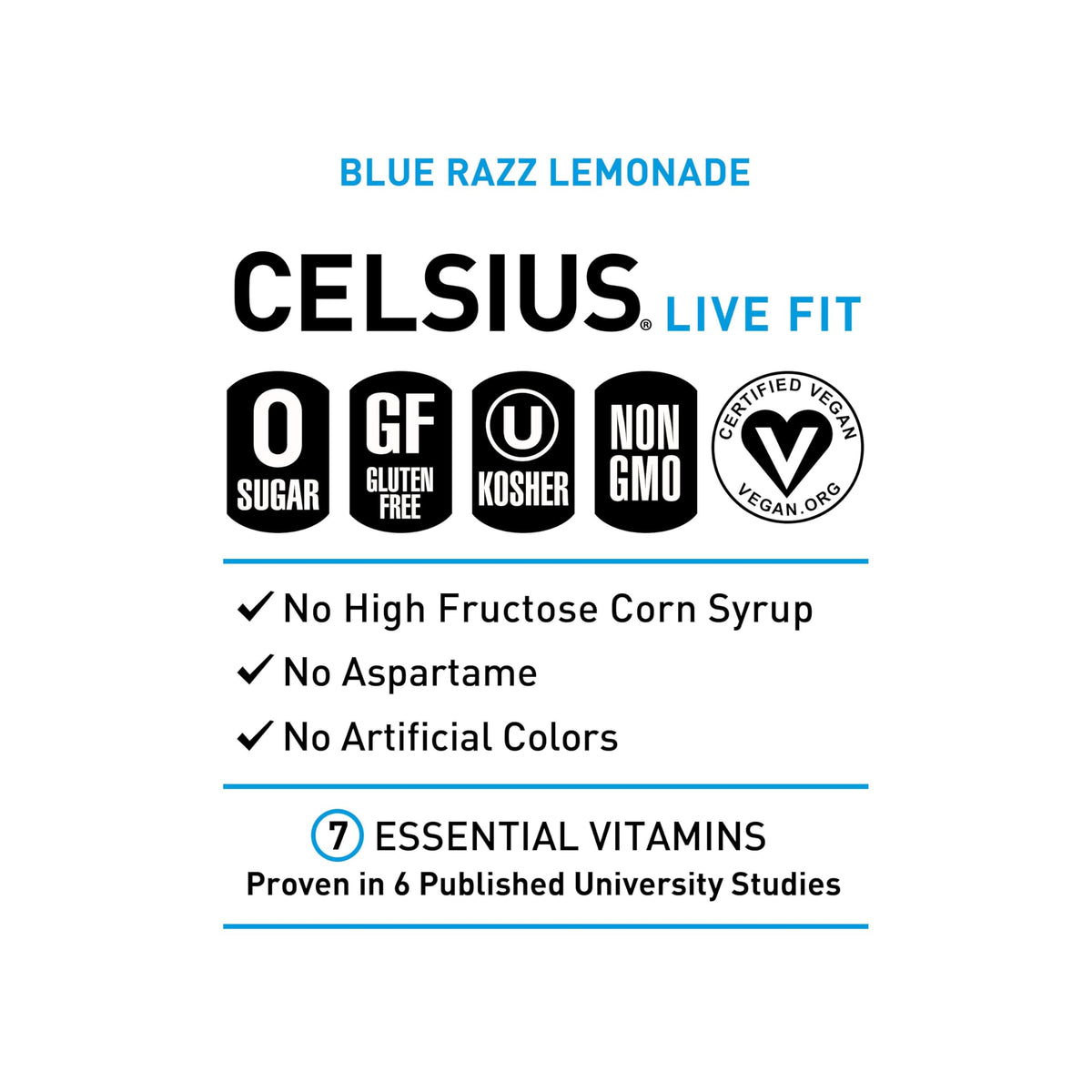 CELSIUS gluten-free vegan non-GMO kosher label visible
