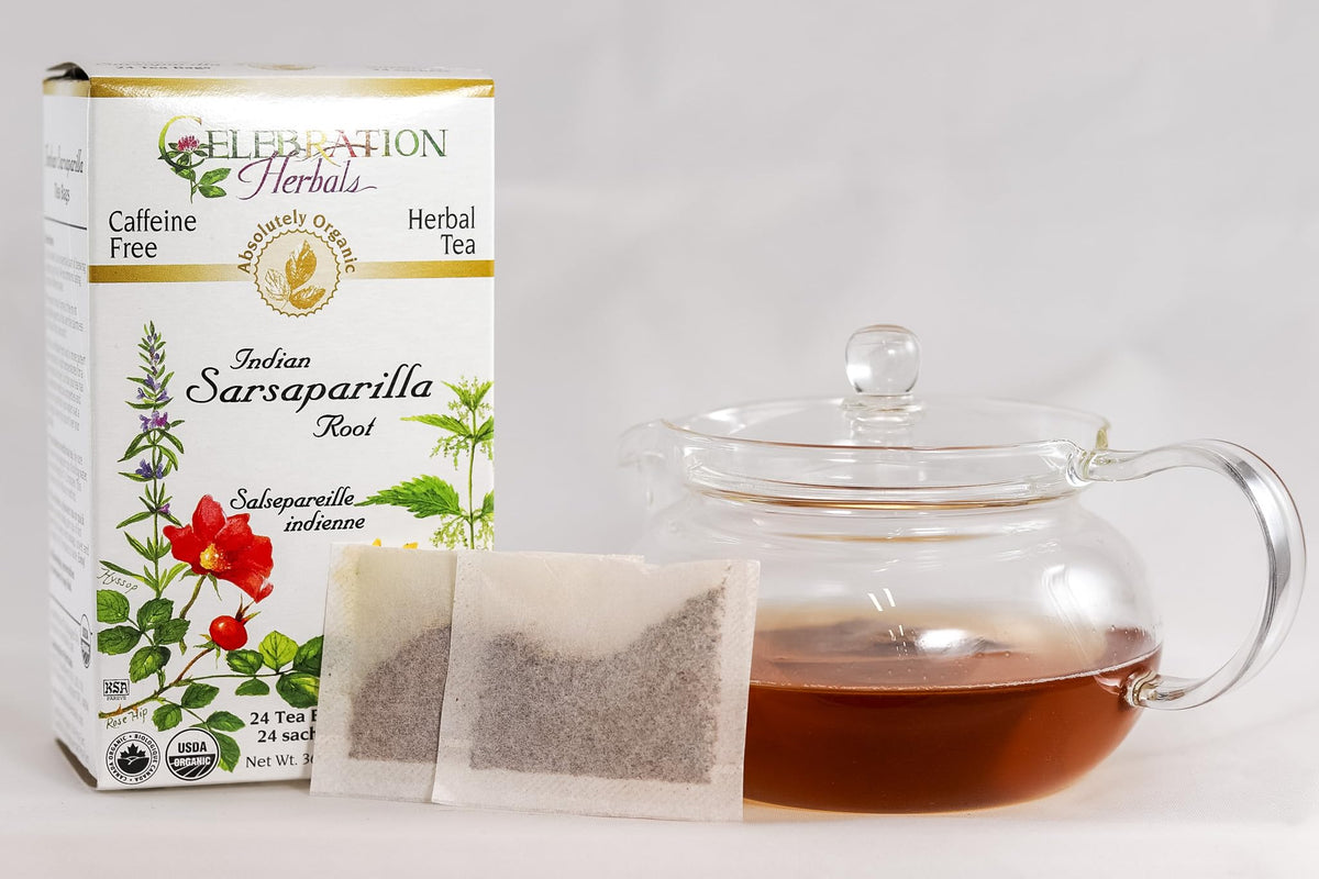 Brewing Celebration Herbals sarsaparilla tea in a cup with a warm aroma
