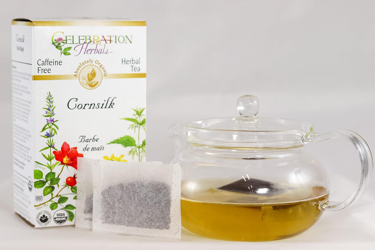 Celebration Herbals corn silk tea bags close-up, highlighting natural ingredients and purity.