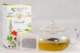 Celebration Herbals corn silk tea bags close-up, highlighting natural ingredients and purity.