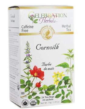 Celebration Herbals corn silk tea box front, caffeine-free herbal tea for soothing moments.