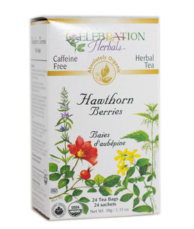 Celebration Herbals Hawthorn Berries Tea Bags in box, ideal for a calming tea ritual.