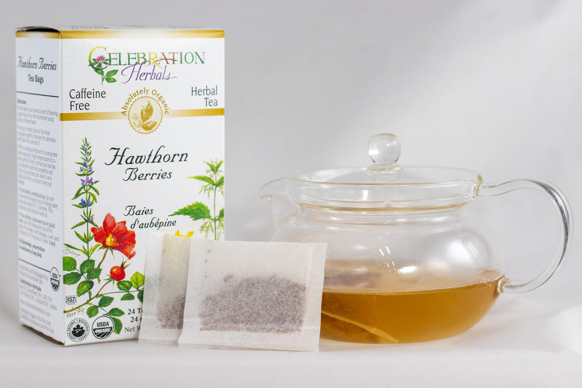 Close-up of Celebration Herbals Hawthorn Berries Tea Bags leaves and berries.