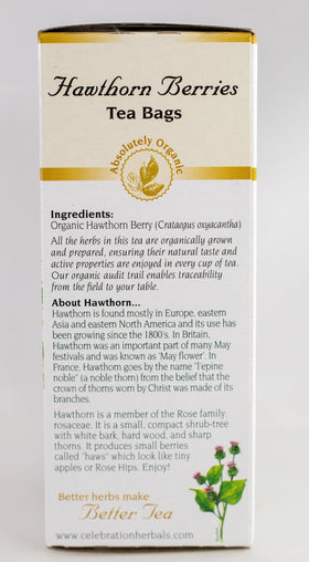 Dried Hawthorn berries for Celebration Herbals tea, highlighting natural fruit notes.
