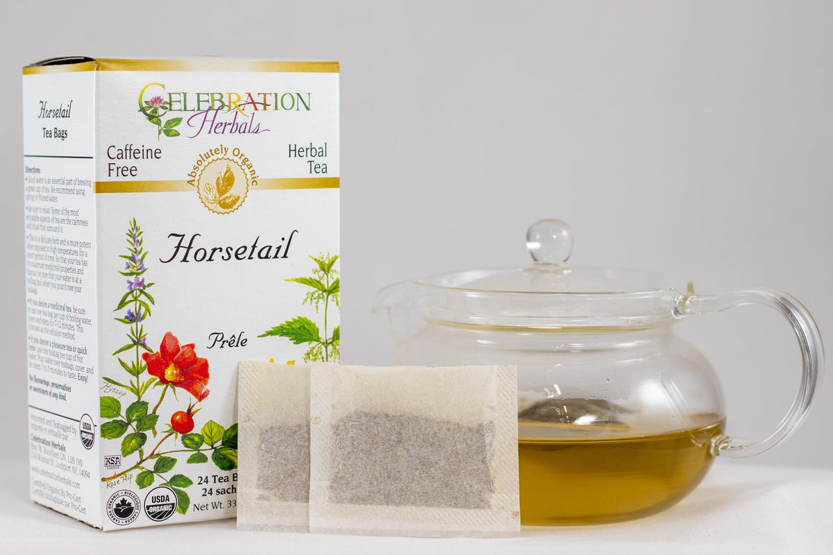 Pouring Celebration Herbals Horsetail Tea into cup for a calming moment