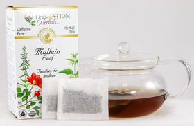Celebration Herbals mullein leaf tea bag closeup, showing natural dried leaves for a pure infusion.