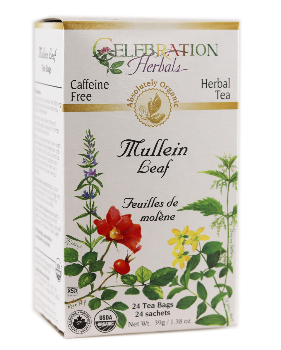 Celebration Herbals organic mullein leaf tea bags packaging, caffeine-free beverage for a calming moment.