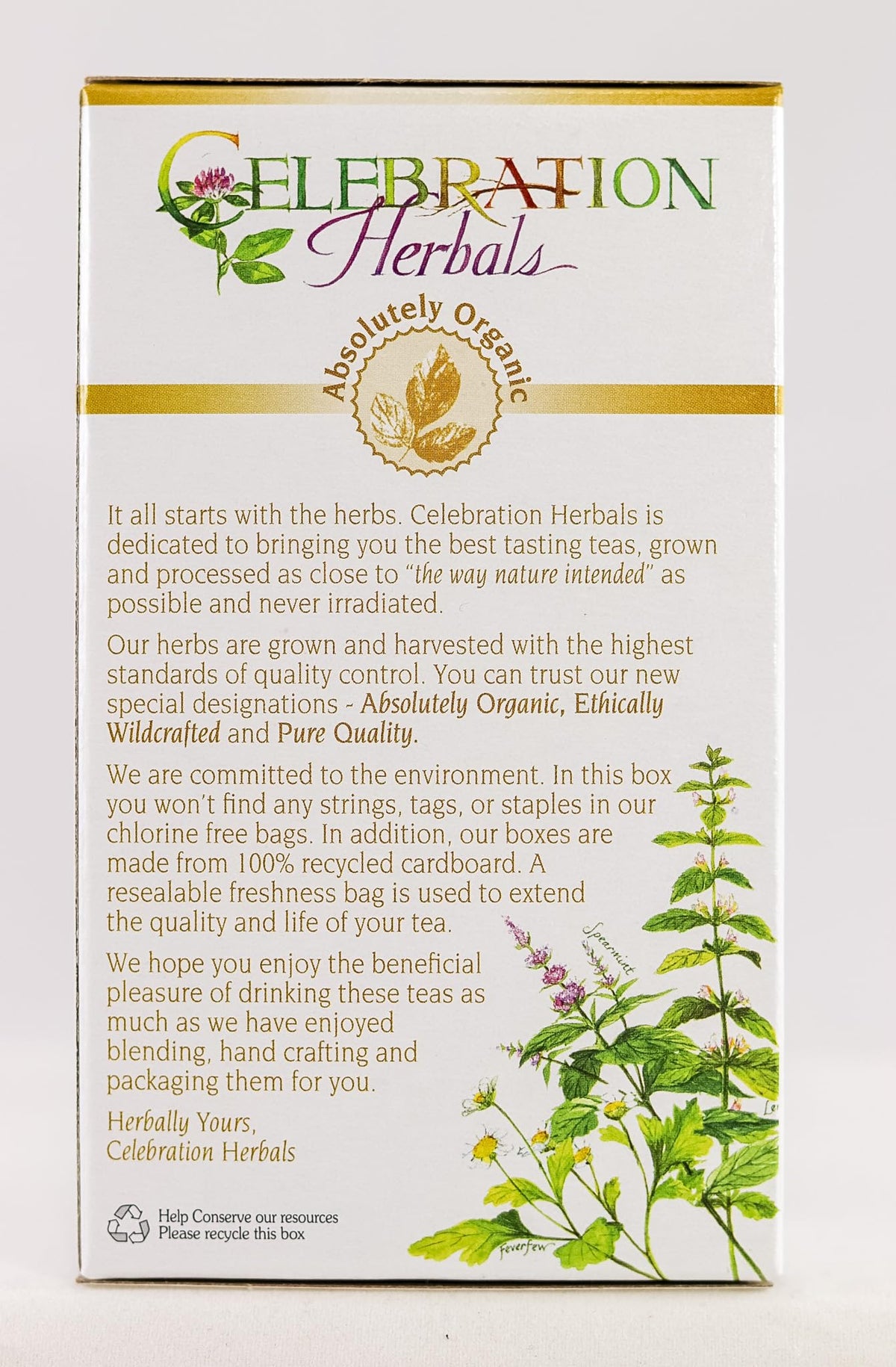Celebration Herbals organic certification label on thyme tea package.