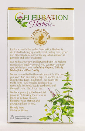 Celebration Herbals organic certification label on thyme tea package.