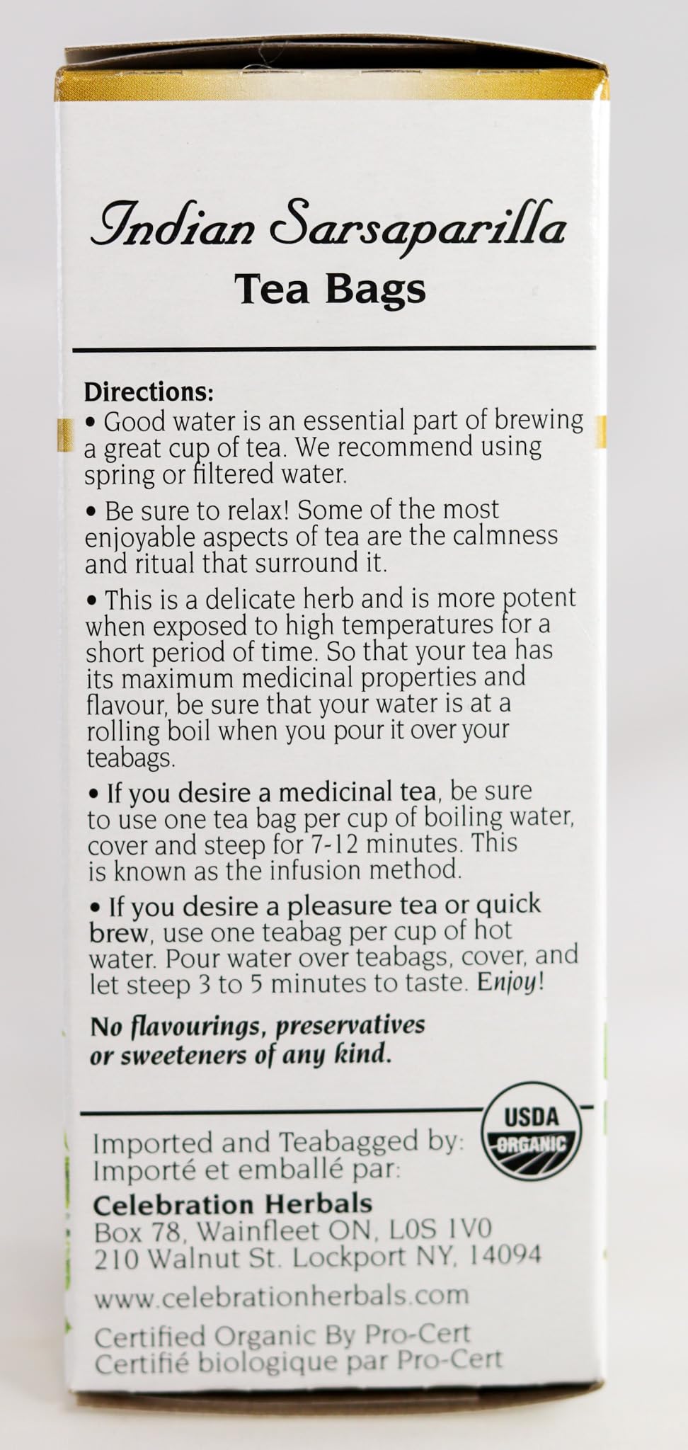 Organic certification label on Celebration Herbals packaging