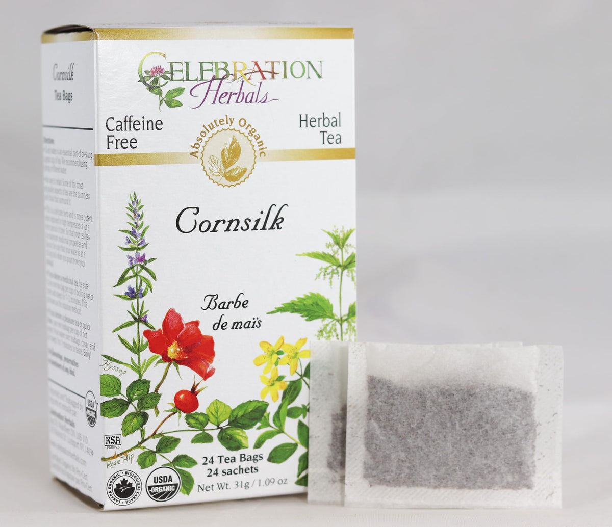 Celebration Herbals organic corn silk tea bags, 24-count, ready for a calming brew.