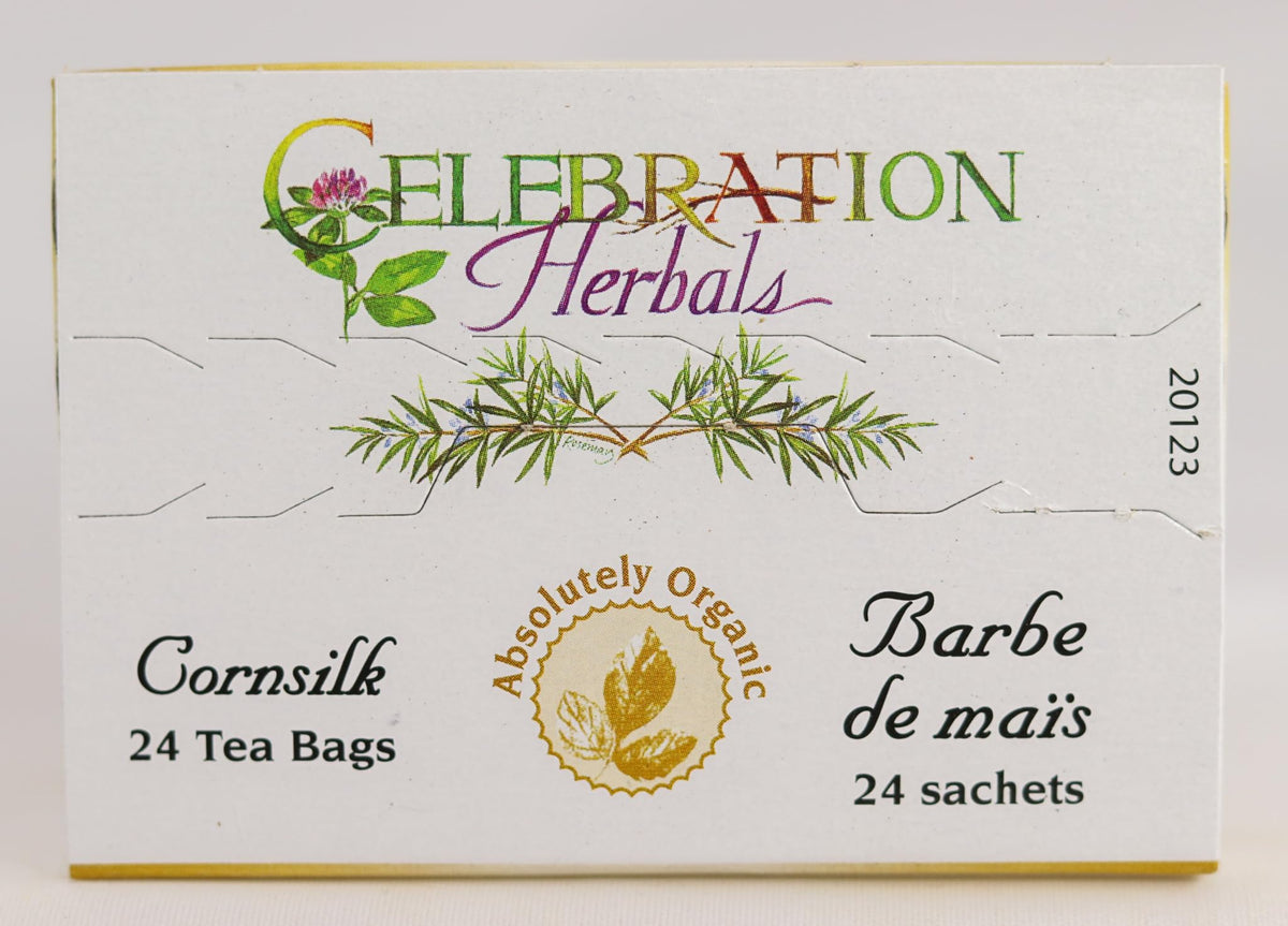 Celebration Herbals organic corn silk tea packaging display, suggesting daily ritual.