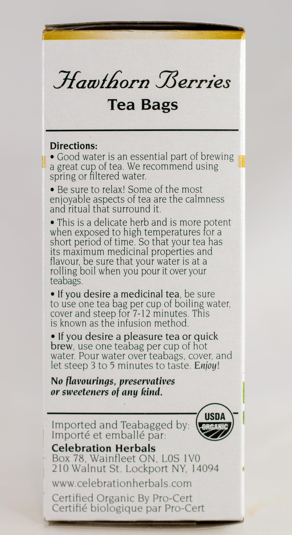Packaging image for Celebration Herbals Organic Hawthorn Berries Tea Bags with certifications.