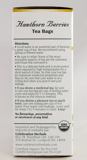 Packaging image for Celebration Herbals Organic Hawthorn Berries Tea Bags with certifications.