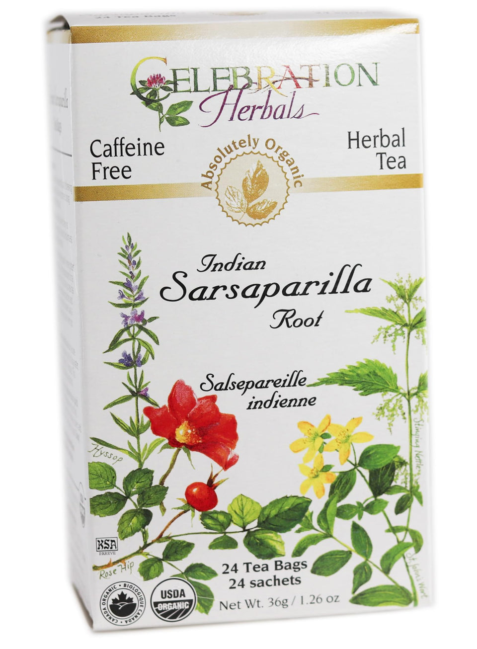 Celebration Herbals organic sarsaparilla tea bags box front for convenient brewing