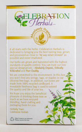 Celebration Herbals organic tea bags in cup, ready for a mindful tea break.