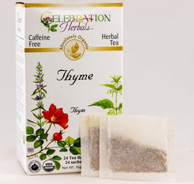 Celebration Herbals organic thyme tea packaging highlights purity and ethical sourcing.