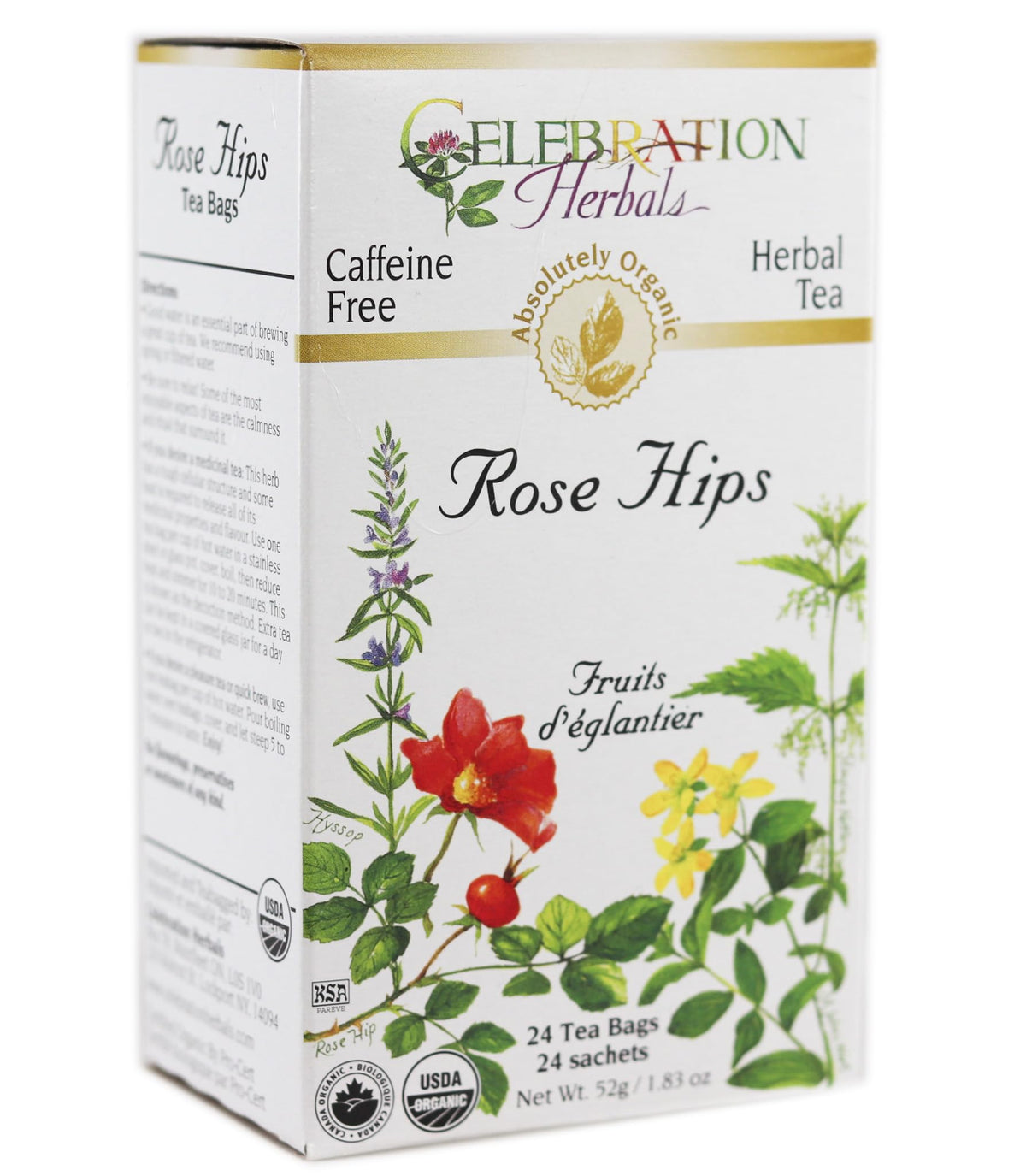 Celebration Herbals Rose Hips Tea box showing organic packaging for daily use
