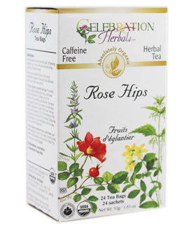 Celebration Herbals Rose Hips Tea box showing organic packaging for daily use