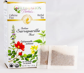 Closeup of Celebration Herbals sarsaparilla tea bags highlighting organic roots