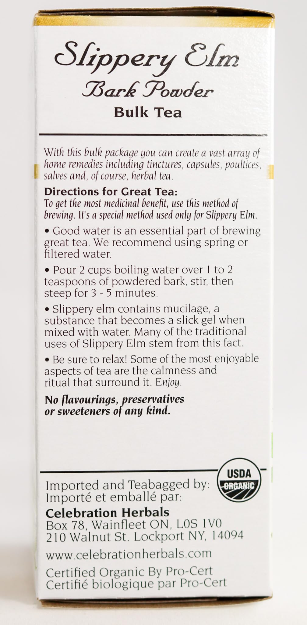 Celebration Herbals slippery elm bark powder jar opened to reveal pure organic powder