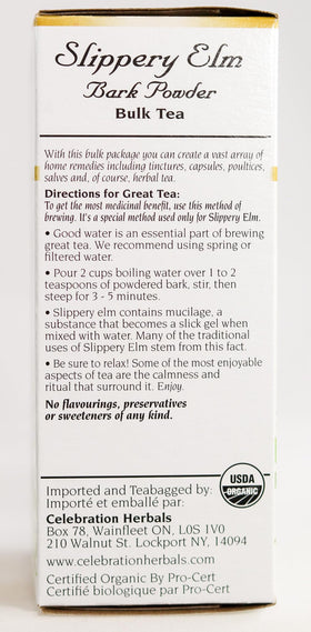 Celebration Herbals slippery elm bark powder jar opened to reveal pure organic powder