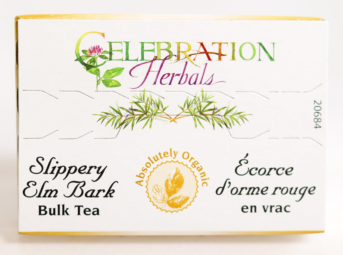 Celebration Herbals slippery elm bark powder packaging emphasizes eco-friendly materials